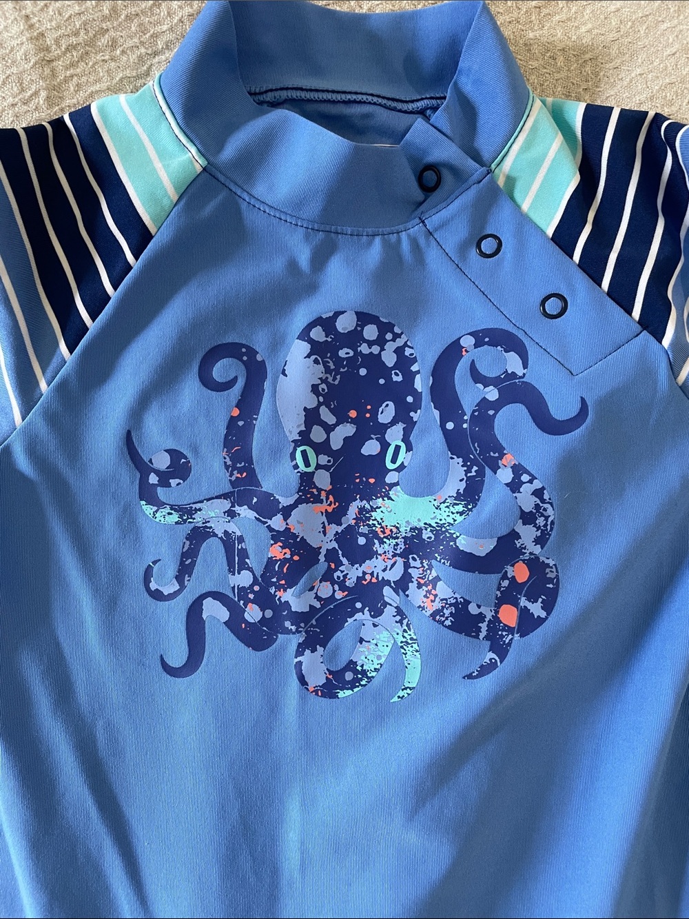 Coolibar Blue Kids Octopus Rashguard with Striped Sleeves